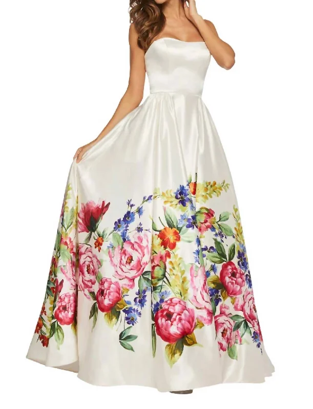 Women's Clothing For Special Occasions Budget Saver Strapless Satin Maxi Dress In Ivory Print