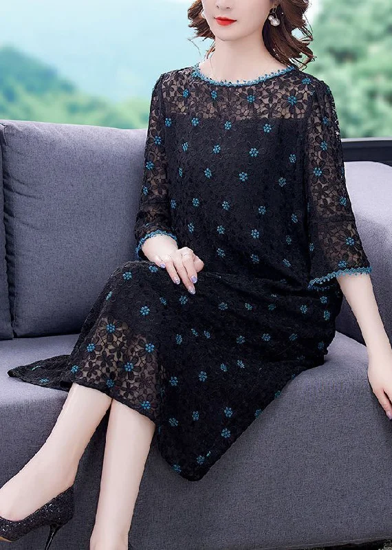 Women's Elegant Apparel Comfort First Women's Fashion Handmade Black Embroideried Hollow Out Silk Maxi Dresses Flare Sleeve