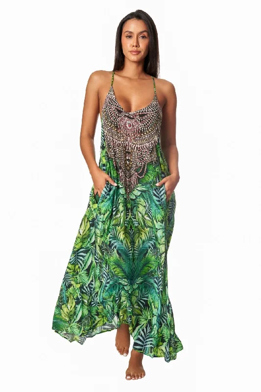 Classic Clothes For Women Huge Markdowns Wild Country Tropical Print Racerback Maxi dress with front pockets