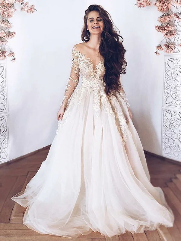 Women's Effortless Casual Outfit Stylish Spring Fashion Long Sleeves Lace Appliques Light Champagne Tulle Long Prom Dresses Wedding Dresses, Champagne Lace Formal Dresses, Evening Dresses