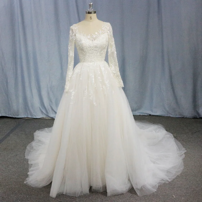 Women's Professional Garments Final Sale Long Sleeve Lace Applique Backless Bridal Wedding Dresses