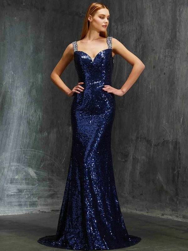 Women's Formal Event Attire Chic And Comfortable Sheath/Column V-neck Sleeveless Sweep/Brush Train Beading Sequins Dresses