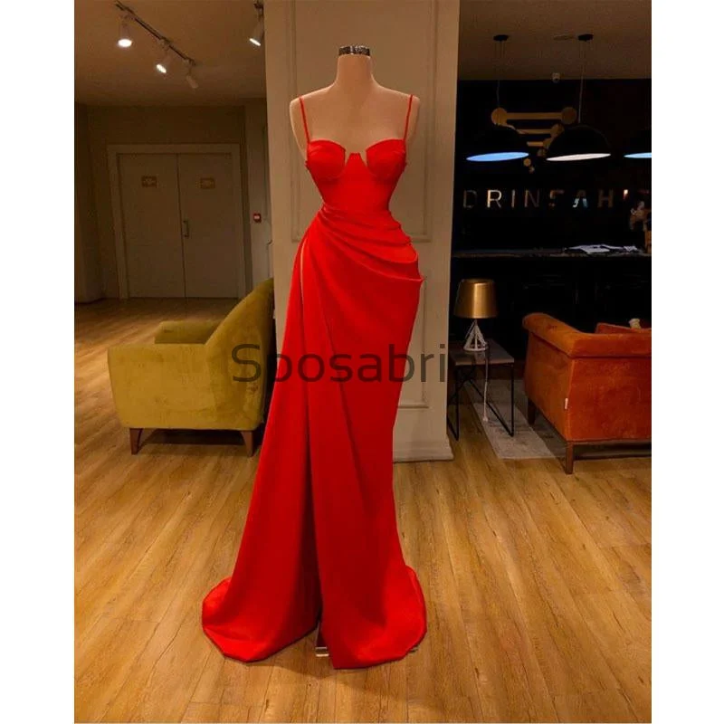 Women's Travel Attire Explore What's New Red Spaghetti Straps Slit Satin Cheap Simple Modest Prom Dresses PD2088