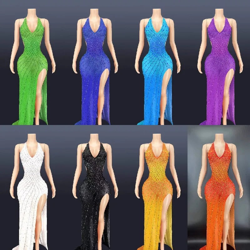 Women's Vacation Clothes Exquisite Women's Wear Sale Sexy Sparkly Rhinestone Backless Low Cut V Neck Maxi Dress Party Sleeveless Slit Side Floor Length Big Ass Tight Evening Dress