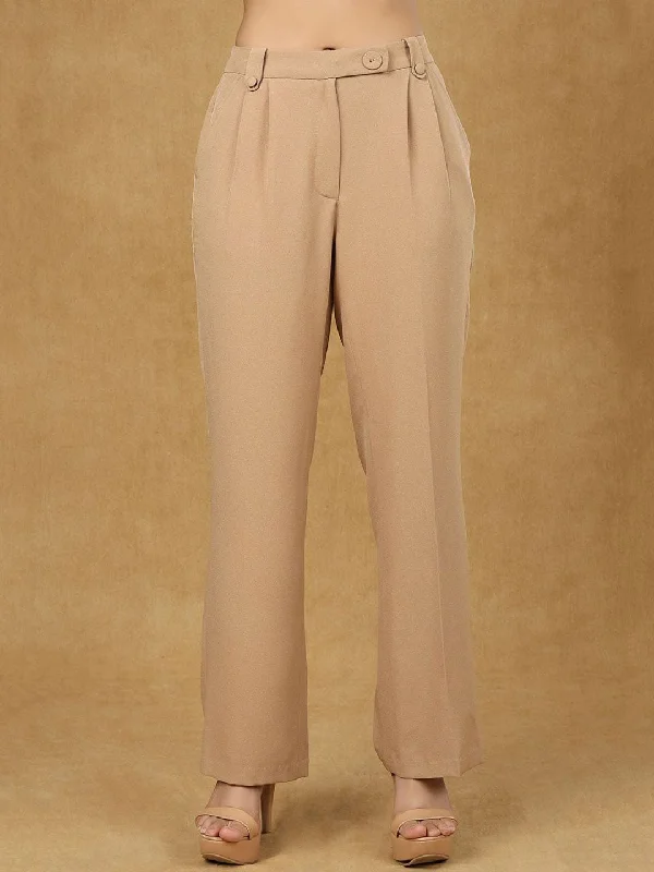 Women's Vintage Attire Mid - Season Sale Beige High Waist Pleated Trouser