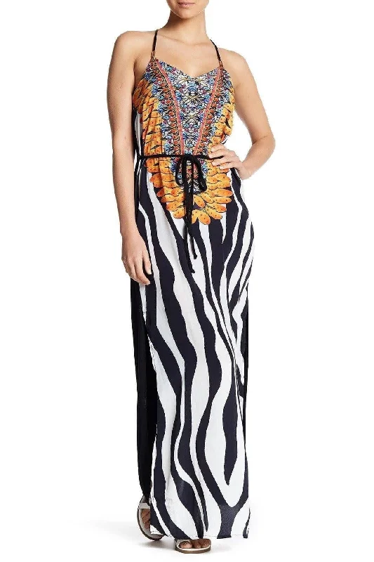 Affordable Women's Clothing Limited Time Offer Printed T Back Maxi Dress with Front Pockets