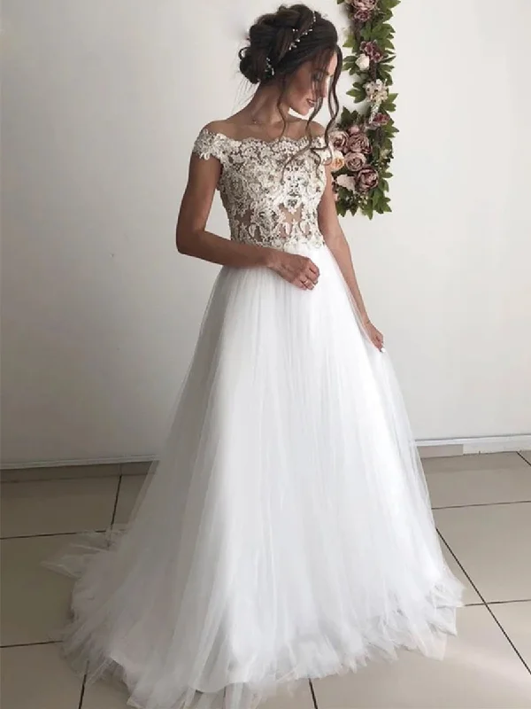 Stylish Women's Garments Season Transition Versatile Wear Clearance Off the Shoulder Round Neck White Lace Wedding Dresses, Off Shoulder White Lace Long Prom Formal Evening Dresses