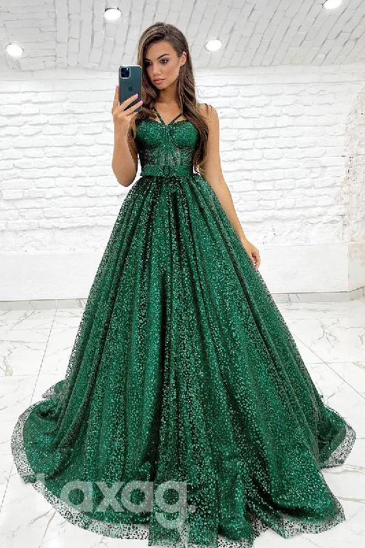 Women's Outerwear Attire Valentine's Special 19711 - Women's Spaghetti Straps Green Long Prom Ball Gown Glitter