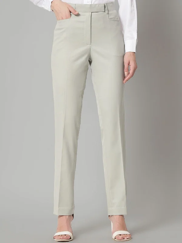 Women's Weekend Outfit Vintage Elegance Slim Fit Poly Cotton Mid Waist Formal Trouser - Sage Green