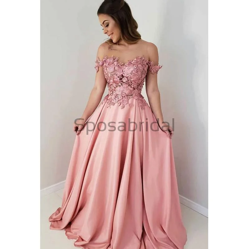 Women's Attire Stupidly Low Prices A-line Off the Shoulder Pink Satin Long Formal Elegant Prom Dresses with appliques PD1719