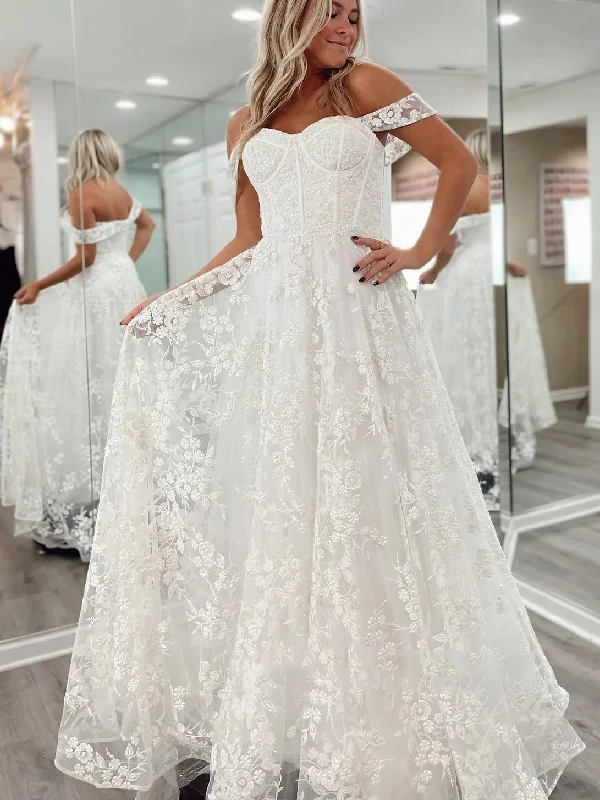 Women's Stylish Vacation Attire Odd Size Clearance Sale Off Shoulder White Lace Long Prom Dresses, White Lace Wedding Dresses, Long White Formal Evening Dresses SP2639