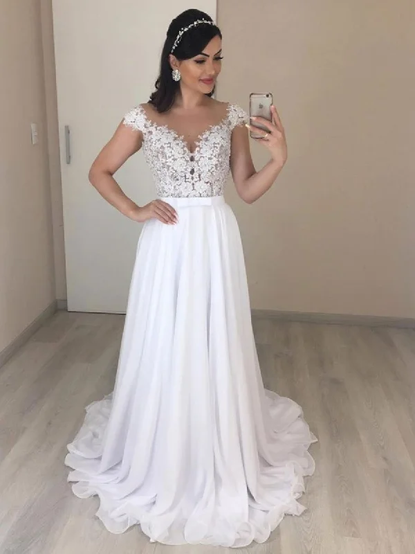 Sustainable Fashion Clothing For Women Save On Inspired Styles Elegant Cap Sleeves Backless Lace White Prom Dresses, White Lace Formal Dresses, Evening Dresses, Wedding Dresses