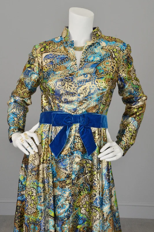 Affordable Luxury Women's Garments Comfortable Clothes 1960s Blue with Gold Metallic Lamé Paisley Print Vintage Gown