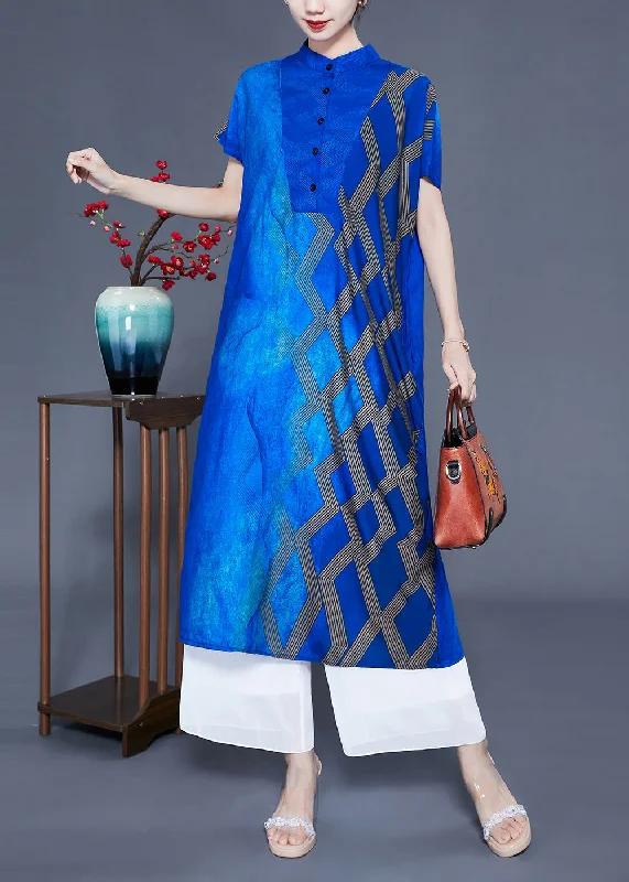 Stylish Women's Apparel Trend Driven Wardrobe Fitted Blue Stand Collar Tie Dye Silk Maxi Dresses Summer