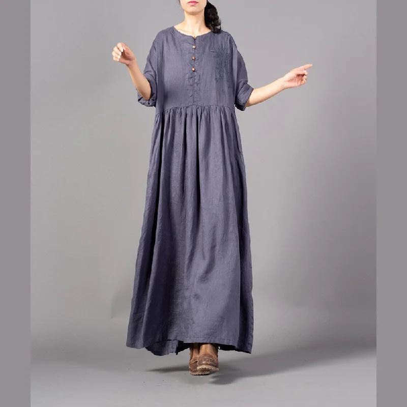 Women's Luxury Garments Day-To-Night Styles Fine gray embroidery long linen dresses plus size O neck gown 2018 Cinched linen caftans