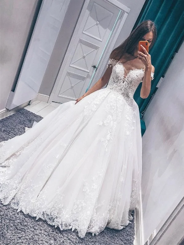 Women's High-Fashion Attire Find Your Unique Flair Off Shoulder White Lace Appliques Long Wedding Dresses, Off the Shoulder White Lace Prom Dresses, White Formal Evening Dresses