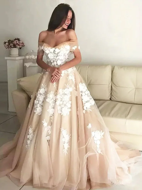 Women's Timeless Attire Seasonal Style Discounts Off Shoulder White Lace Appliques Champagne Prom Dresses Wedding Dresses, Off Shoulder Champagne Formal Dresses, Champagne Evening Dresses