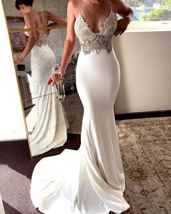 Women's Outerwear Garments Winter Warm - Up Sale DingJiDress Wedding Dress Deep V Neck Straps Ivory Backless Mermaid Prom Dress