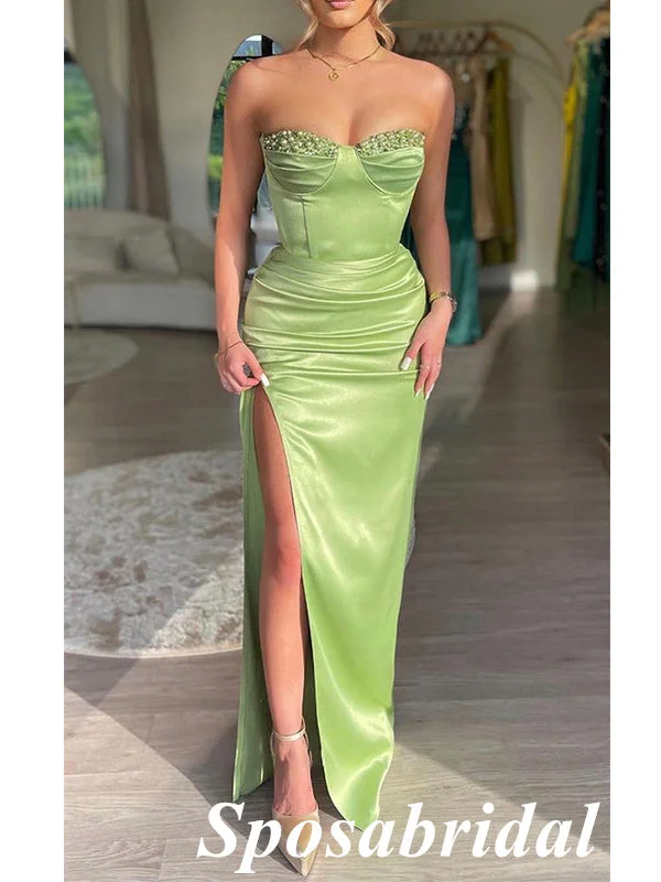 Women's Charming Outfit For Events Crazy Discounts, Hurry Up Sexy Soft Satin Sweetheart Sleeveless Side Slit Mermaid Long Prom Dresses With Beading, PD3938