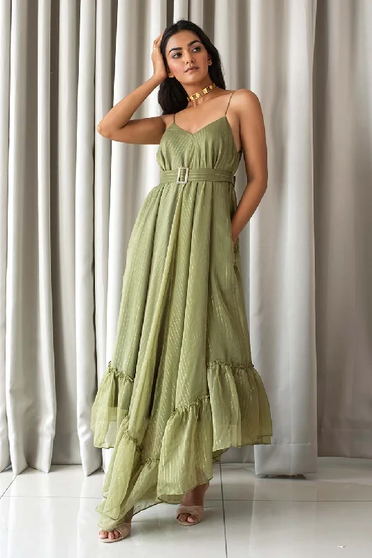 Women's Comfy Attire For Lounging Beat The Heat In Tropical Styles Olive Green Gathered Maxi Dress