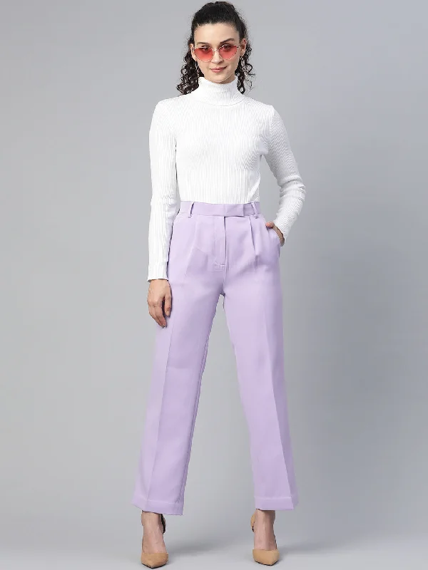 Women's High-Fashion Outfit Playful Elegance Comfort Fit Stretch Mid Waist Pleated Trouser - Lavender