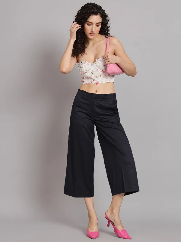 Women's Fashionable Attire For Work Clearance Event Poly Cotton Mid Waist Culottes- Navy Blue