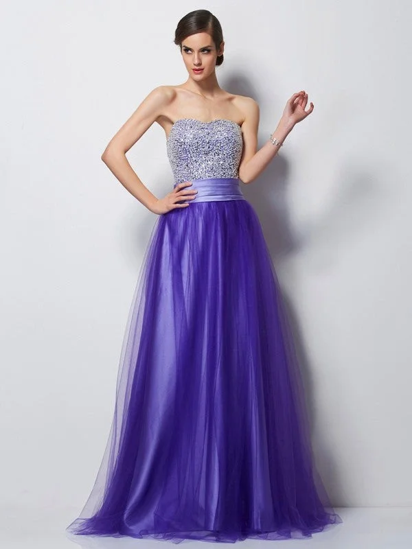 Women's Urban Clothing End Of Season Sale A-Line/Princess Sweetheart Sleeveless Beading Long Net Dresses