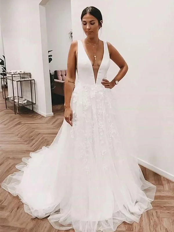 Women's Clothing With Trendy Designs Limited Quantities Deep V Neck and V Back White Lace Long Prom Wedding Dresses with Train, White Lace Formal Dresses, V Neck White Evening Dresses SP2188