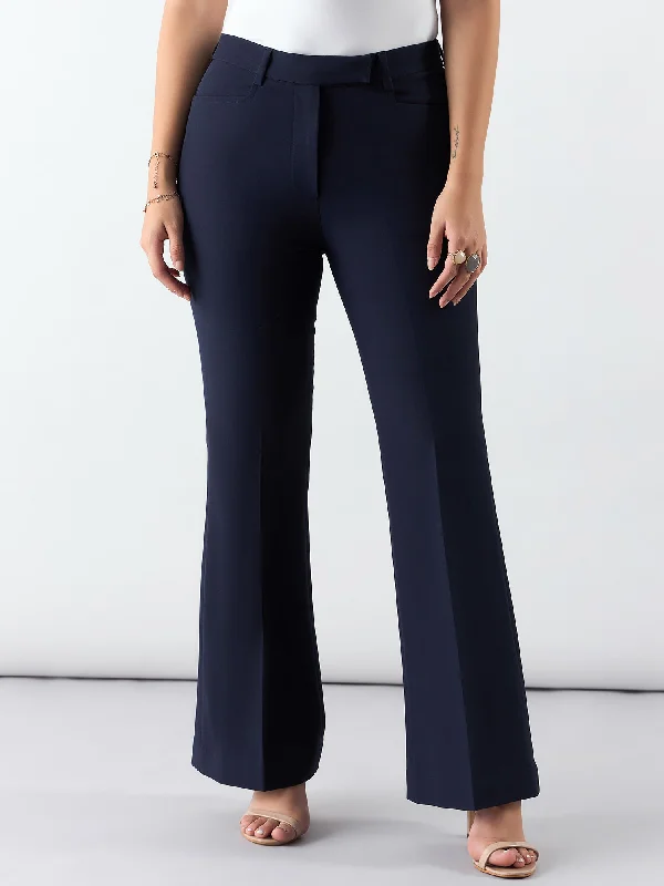 Fashionable Women's Outfit Contemporary Elegance Women Navy High Waist Trouser In Stretchable Fabric