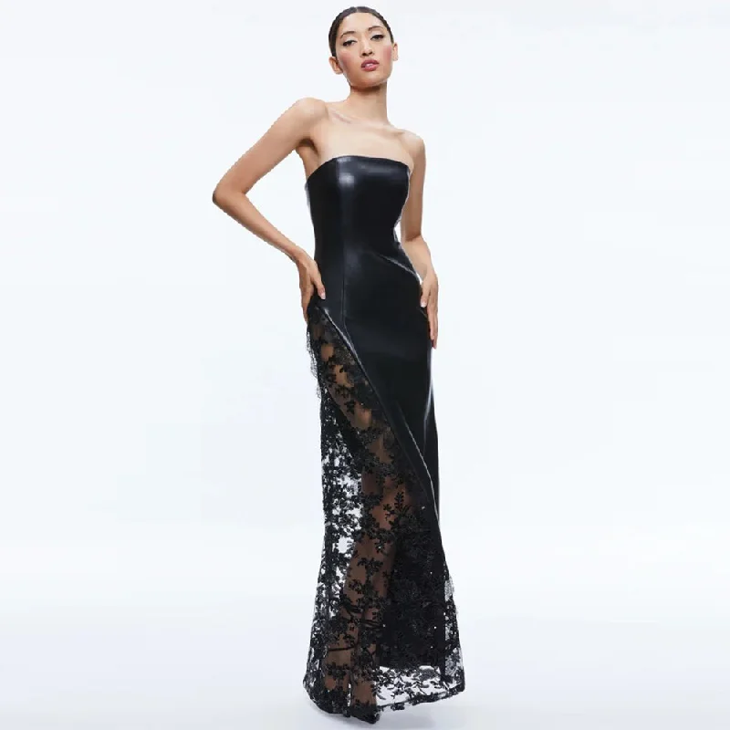 Women's Trendy Attire End - Of - Month Blowout Strapless PU&Lace Splicing Maxi Dress ZNSBA1070