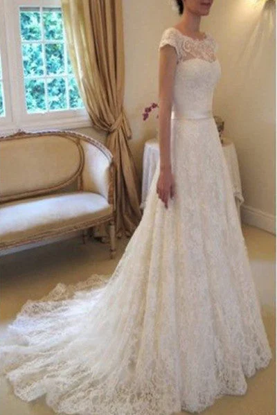 Women's Activewear Garments Limited Time Deal Cap Sleeve Lace Wedding Dresses Long Bridal Dresses With Court Train Ivory Beach Wedding Dresses