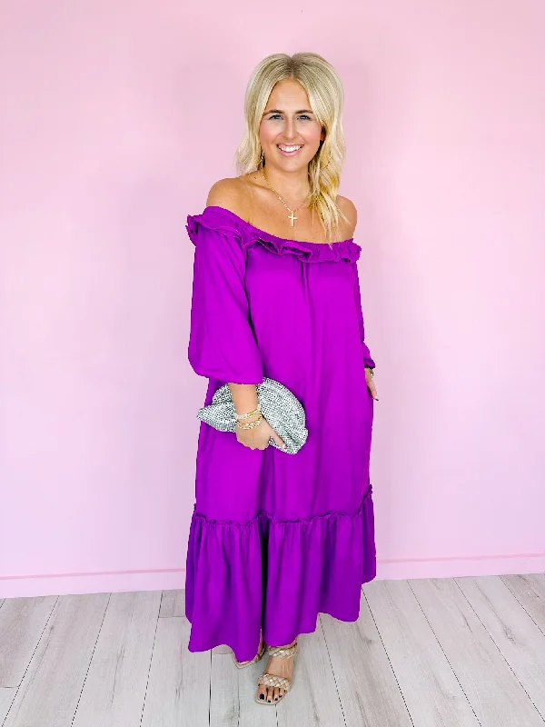 Women's Vintage Garments Trendsetter's Closet WHIRL AROUND RUFFLE MIDI DRESS - ORCHID