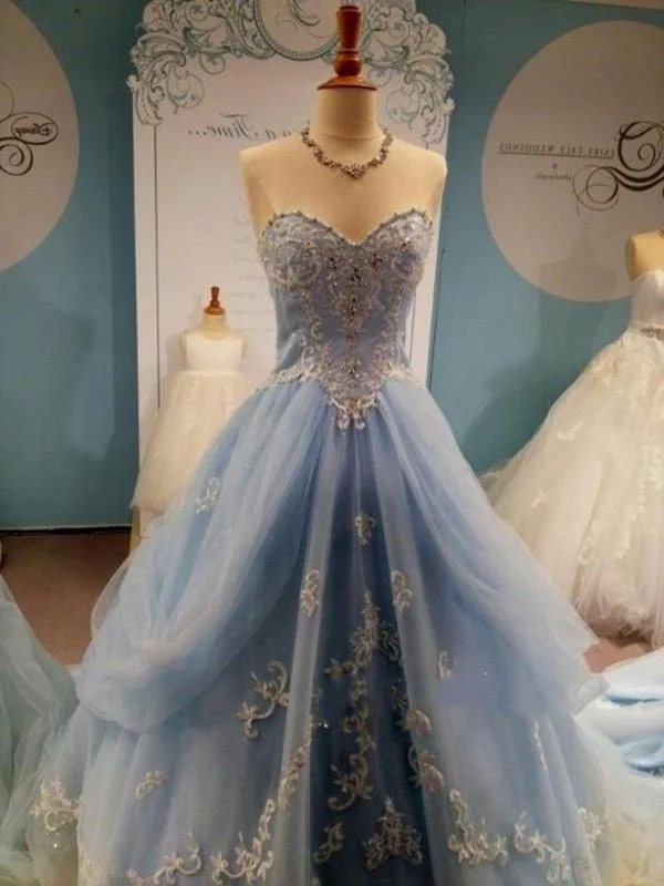 Women's Functional Outdoor Garments Unbeatable Deals Sweetheart Neck Light Blue Wedding Dresses, Prom Dresses, Formal Dresses with Lace Flower