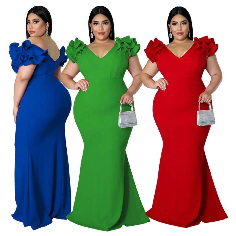 Women's Trendy Clothes Odd Size Clearance Sale kc 2022 Summer New Plus Size Women Mermaid Dresses Ruffle Sleeve V Neck Slim Backless Maxi Dress Ladies Party Evening Dresses