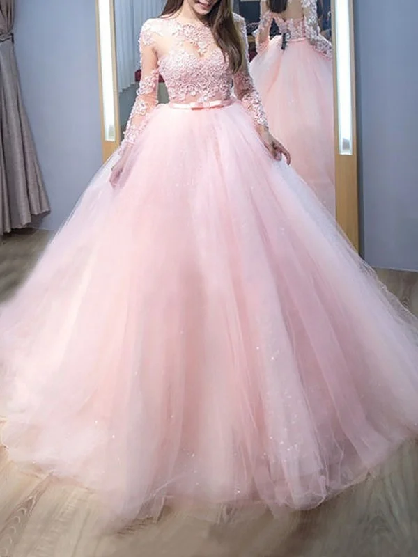 Women's Luxury Garments Fashion Forward Round Neck Long Sleeves Pink Lace Long Prom Dresses, Long Sleeves Pink Formal Evening Dresses, Pink Lace Ball Gown SP2180