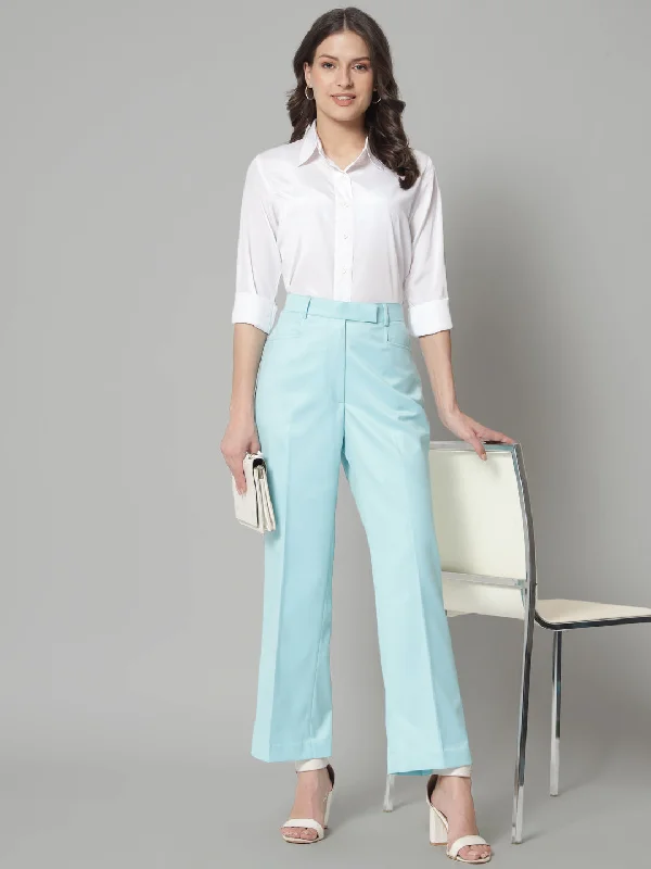 Formal Garments For Women Anniversary Sale Poly Cotton Mid Waist Formal Trouser - Sky Blue