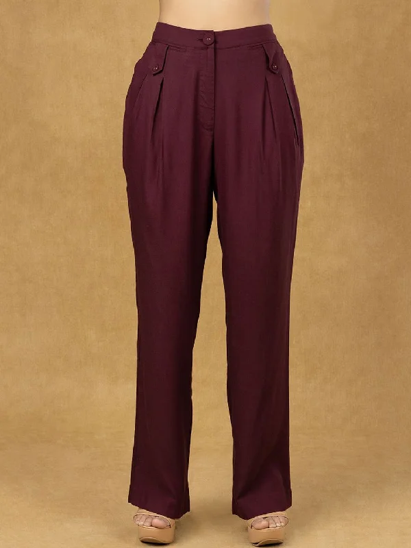 Women's Casual Garments Wardrobe Essentials Burgundy Inverted Pleats High Waist  Trouser