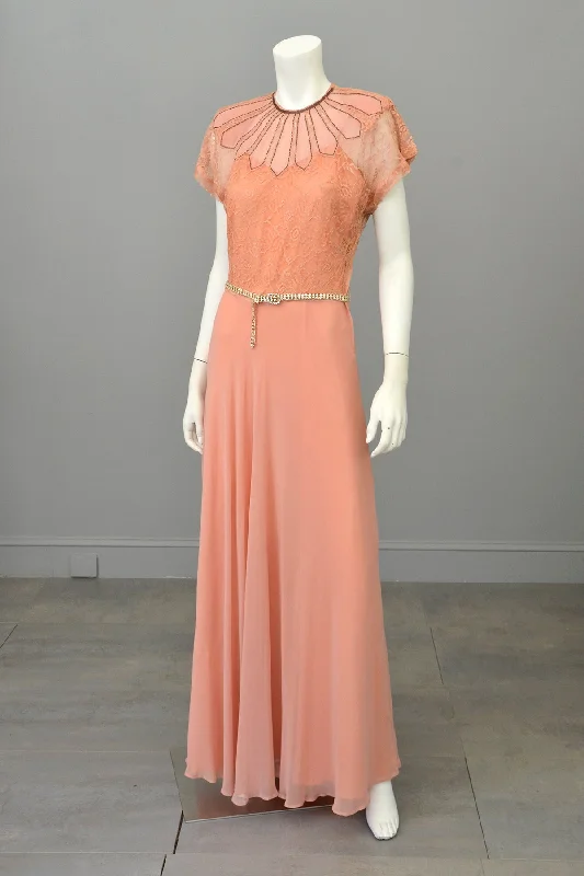 Women's Apparel Chic Outfits 1930s Peach Art Deco Beaded Lace Gown