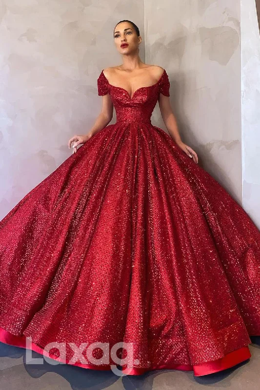 Women's Luxury Attire Wardrobe Update 19752 - Cap Sleeves Sequins Burgundy Prom Ball Gown Glitter