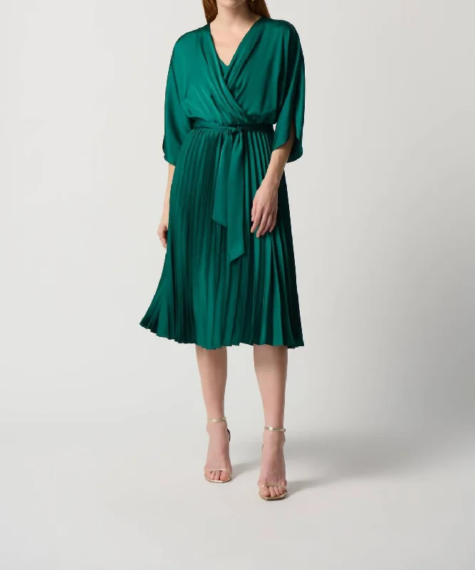 Women's Urban Clothing Limited Time Flash Sale Satin & Flare Dress With Waist Sash In True Emerald