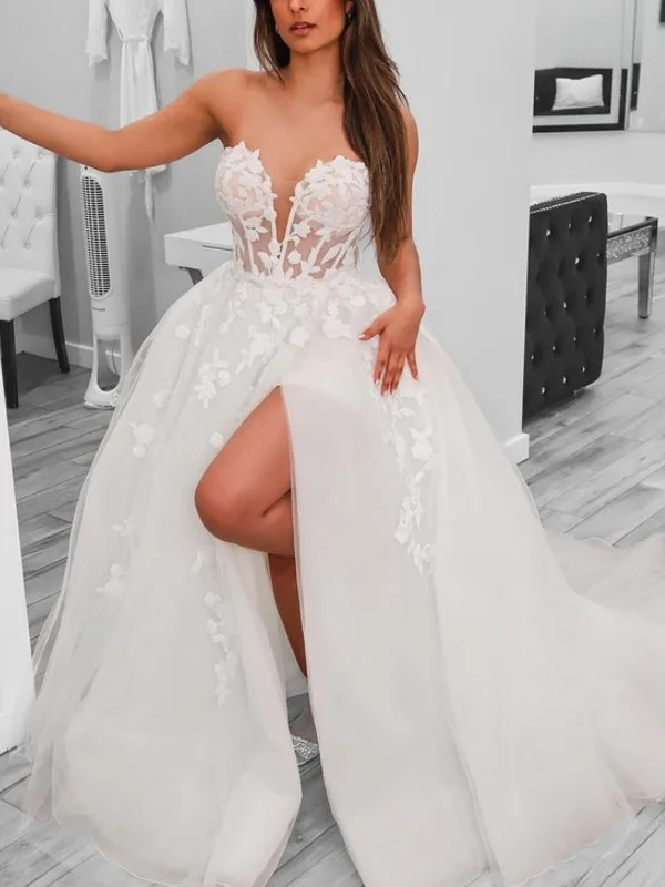 Women's Comfortable Lounge Garments Discover Now Strapless V Neck White Lace Long Prom Dresses with High Slit, White Lace Formal Evening Dresses, White Wedding Dresses SP2831