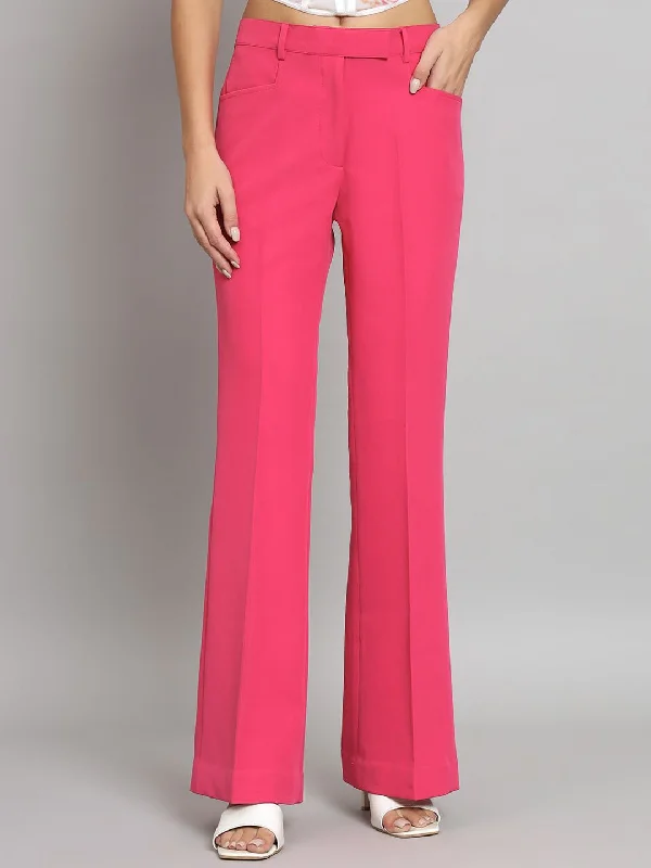 Women's Trendy Casual Outfit Ethnic Cultural Event Wear Mid Waist Bell Bottom Stretch Trouser - Hot Pink