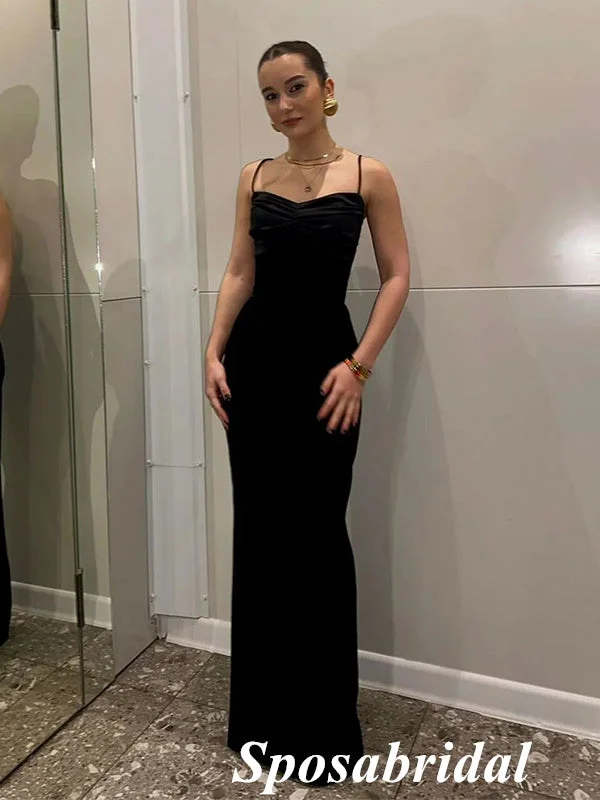 Women's Romantic Outfit Buy More, Save More Sexy Black Soft Satin Spaghetti Straps Side Slit Mermaid Long Prom Dresses, PD3872