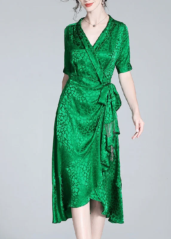 Women's Trendy Apparel Cutting Edge Fashion Beautiful Green V Neck Print Bow Tunic Maxi Dress Short Sleeve