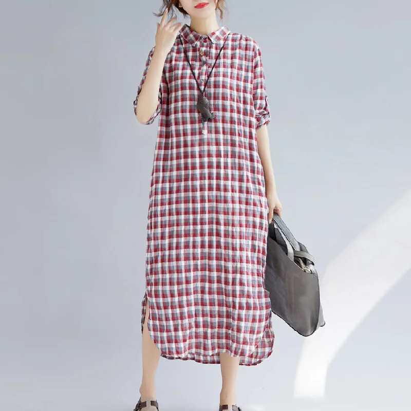 Chic Women's Garments Latest Fashion Elegant red Plaid cotton maxi shirt dress oversize Turn-down Collar gown 2018 long sleeve side open cotton shirt dresses