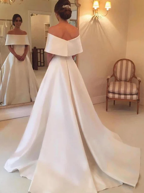 Women's Professional Outfit Seasonal Sale Elegant White Satin Off Shoulder Wedding Dresses, Off Shoulder White Satin Long Prom Dresses, White Formal Evening Dresses