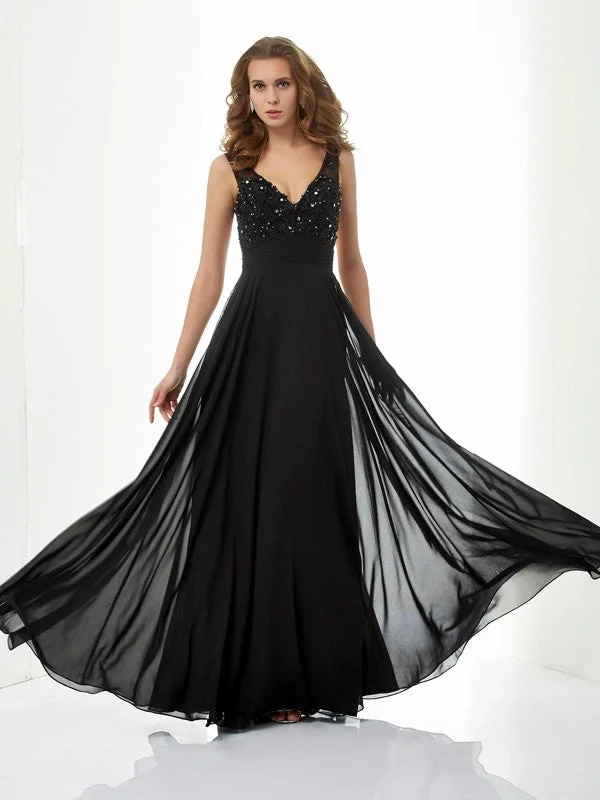 Women's Contemporary Clothing Clearance Event A-Line/Princess V-neck Sleeveless Beading Applique Long Chiffon Dresses