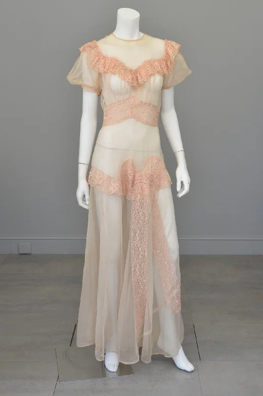 Stylish Clothes For Women Polished Finish 1930s Shell Pink Lace Ruffles Puff Sleeves Gown | Mesh Netting | Restoration or Study