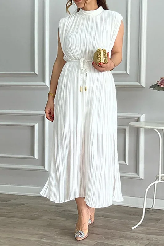 Women's Stylish Outdoor Outfit Flash Sale Starts Solid Color Feminine Lace-Up Pleated Midi Dress