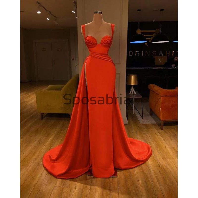 Women's Trendy Attire Trendy Pulse Red Mermaid Tight Cheap Slit Satin Simple Modest Prom Dresses PD2083